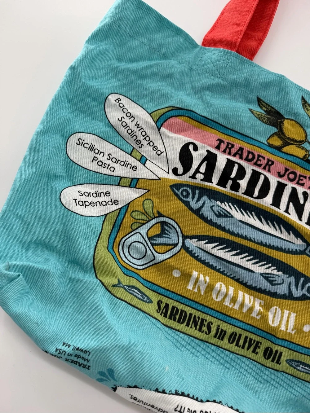 Trader Joe’s Canvas Tote Bag Grocery Sardines Trader Joe Blue Red Fish Fabric